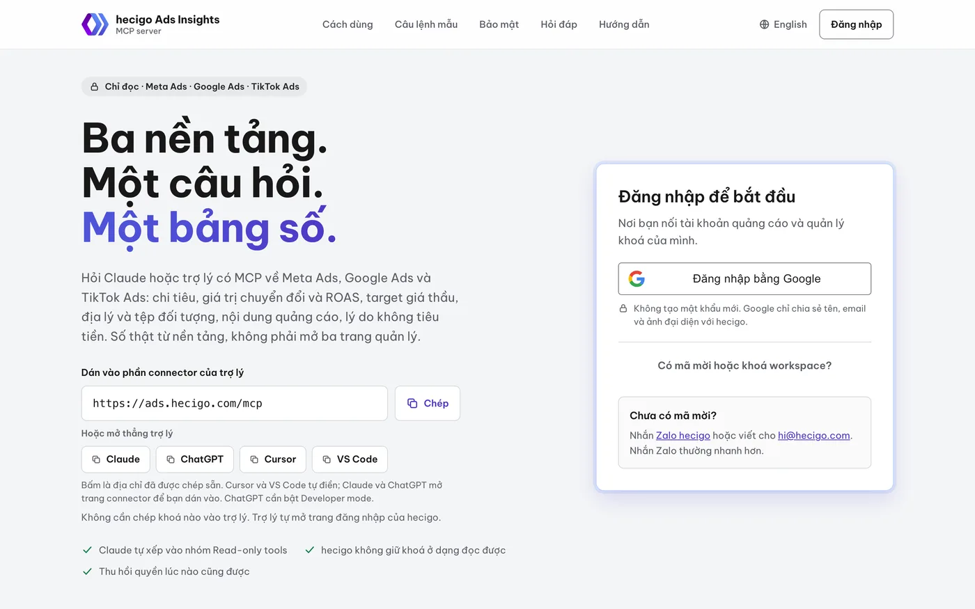 Trang chủ Ads Insights với địa chỉ connector và các nút mở nhanh Claude, ChatGPT, Cursor, VS Code