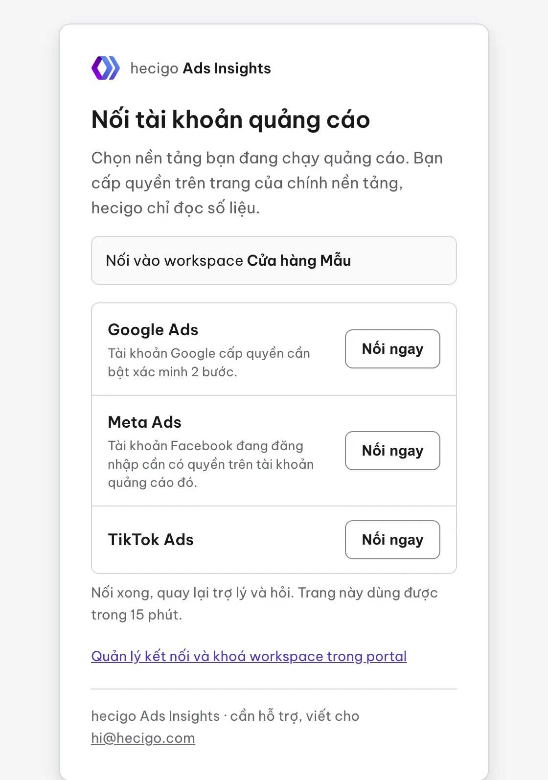 Trang chọn nền tảng quảng cáo: Meta Ads, TikTok Ads và Google Ads đều có nút Nối ngay, mỗi nền tảng kèm một dòng ghi chú điều kiện