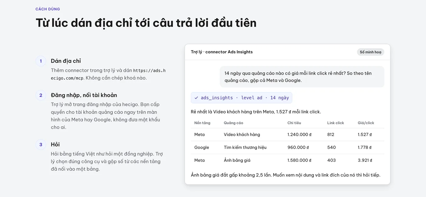 Minh hoạ một câu hỏi và câu trả lời: trợ lý gọi công cụ ads_insights rồi trả bảng so sánh chi phí mỗi link click, số minh hoạ